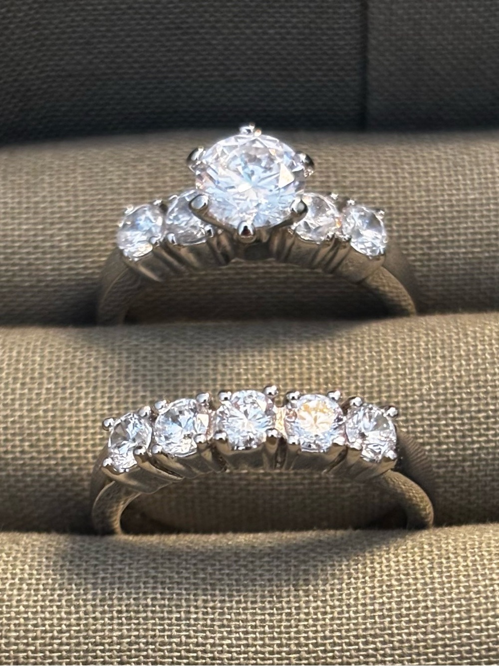 Diamond 5-Stone Band and Solitaire Accent Ring Set in White Metal